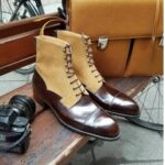 Ankle High Burgundy & Beige Cap Toe Leather Suede Boots - leathersguru