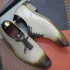 Two Tone Brogue Square Toe Lace Up Shoes Leather Shoes Handmade Mens Shoes