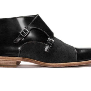 Handmade Men's Ankle High Black Leather Suede Cap Toe Monk Boot - leathersguru