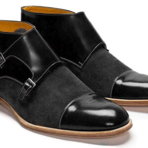 Handmade Men's Ankle High Black Leather Suede Cap Toe Monk Boot - leathersguru