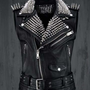 Men Black Punk Silver Long Spiked Studded Leather Buttons Up Vest Silver Studs and Spikes Black Leather Studs Spike