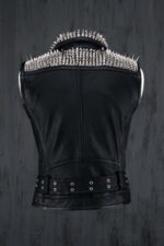 Men Black Punk Silver Long Spiked Studded Leather Buttons Up Vest Silver Studs and Spikes Black Leather Studs Spike