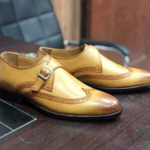 Handmade Tan Color Monk Strap Wing Tip Shoes - leathersguru