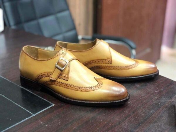 Handmade Tan Color Monk Strap Wing Tip Shoes - leathersguru