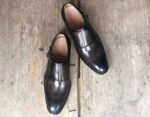 Men's Leather Monk Strap Black Derby Shoes - leathersguru