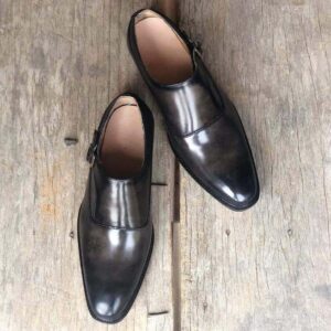 Men's Leather Monk Strap Black Derby Shoes - leathersguru