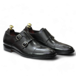 Bespoke Black Double Monk Leather Cap Toe Shoes For Men's