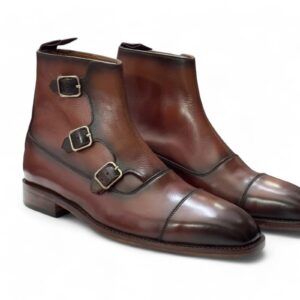 Ankle High Brown Triple Buckle Pure Genuine Leather Boot For Men's