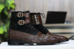 Ankle High Alligator Leather & Suede Boot, Double Buckle Boot, Men's Designer Boot