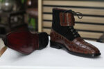 Ankle High Alligator Leather & Suede Boot, Double Buckle Boot, Men's Designer Boot