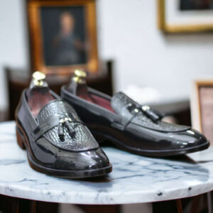 Handmade Patent Leather & Alligator Shoes, Men's Loafer Tussle Moccasin Shoes, Classic Shoes