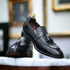 Handmade Patent Leather & Alligator Shoes, Men's Loafer Tussle Moccasin Shoes, Classic Shoes