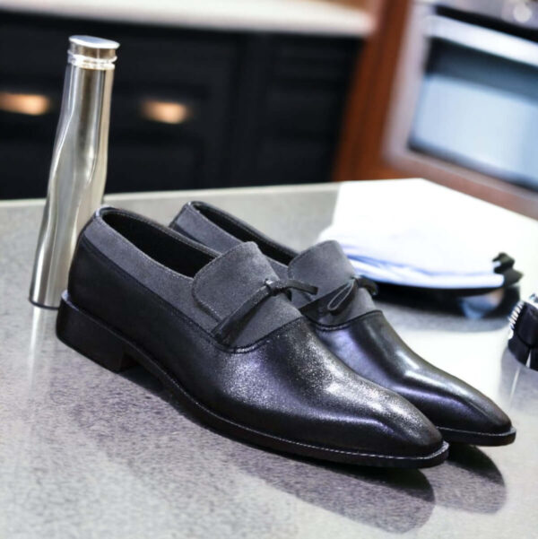 Men's Black Grey Loafer Tussle Shoes, Handmade Stylish Shoes, Plain Toe Moccasin Shoes