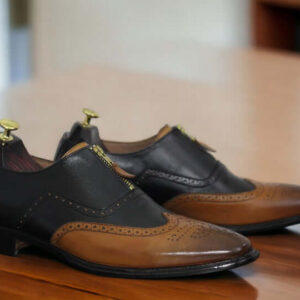 Handmade Brown Black Zipper Shoes, Men's Wing Tip Office Leather Shoes