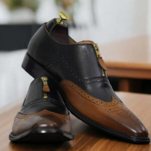 Handmade Brown Black Zipper Shoes, Men's Wing Tip Office Leather Shoes