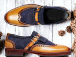 Men's Blue Brown Buckle Leather Shoes, Hand Painted Buckle Formal Shoes