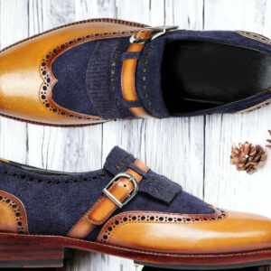 Men's Blue Brown Buckle Leather Shoes, Hand Painted Buckle Formal Shoes