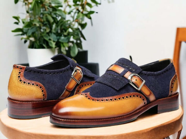 Men's Blue Brown Buckle Leather Shoes, Hand Painted Buckle Formal Shoes