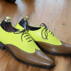 Handmade Brown Yellow Genuine Leather Lace Up Shoes, Men's Dress Shoes