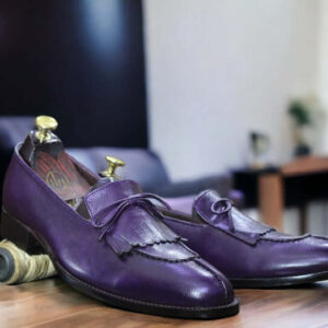 Handmade Purple Cow Hide Genuine Leather Shoes, Men's Fringe Loafer Shoes