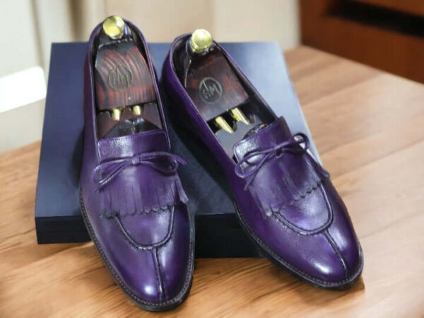 Handmade Purple Cow Hide Genuine Leather Shoes, Men's Fringe Loafer Shoes