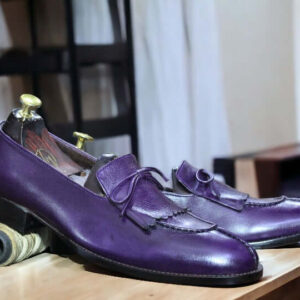 Handmade Purple Cow Hide Genuine Leather Shoes, Men's Fringe Loafer Shoes