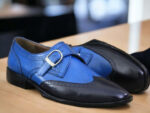 Handmade Men's Blue Monk Dress Leather Buckle Shoes