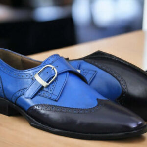 Handmade Men's Blue Monk Dress Leather Buckle Shoes