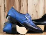 Handmade Men's Blue Monk Dress Leather Buckle Shoes