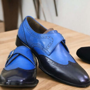 Handmade Men's Blue Monk Dress Leather Buckle Shoes