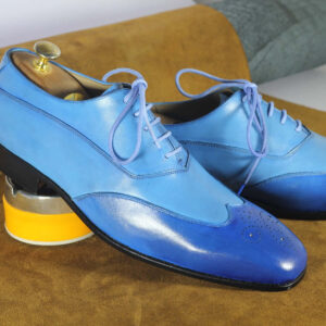 Handmade Men's Genuine Blue Leather Shoes, Wing Tip Dress Shoes