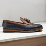 Handmade Brown Blue Fringe Loafer Tussle Shoes, Men's Leather Shoes