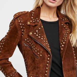 Woman Handmade Brown American Western Were Golden Studded Suede Leather Jacket - leathersguru