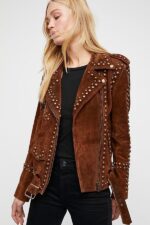 Woman Handmade Brown American Western Were Golden Studded Suede Leather Jacket - leathersguru