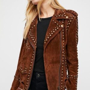 Woman Handmade Brown American Western Were Golden Studded Suede Leather Jacket - leathersguru