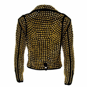 Woman Luxury Black Punk Golden Studded Cowhide Brando Leather Jacket - leathersguru