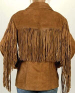 Women Brown Color Real Suede Leather Jacket Sleeves Fringe Front Button Closure