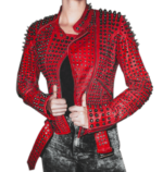 Women Motorcycle Punk Heavy Metal Spiked Tonal Black Studded Red Leather Jacket - leathersguru