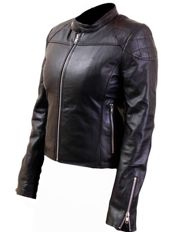 Women’s Cross Shoulder Black Biker Leather Jacket