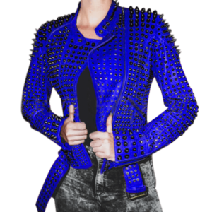 Women blue studded leather jacket,Stylish Jacket