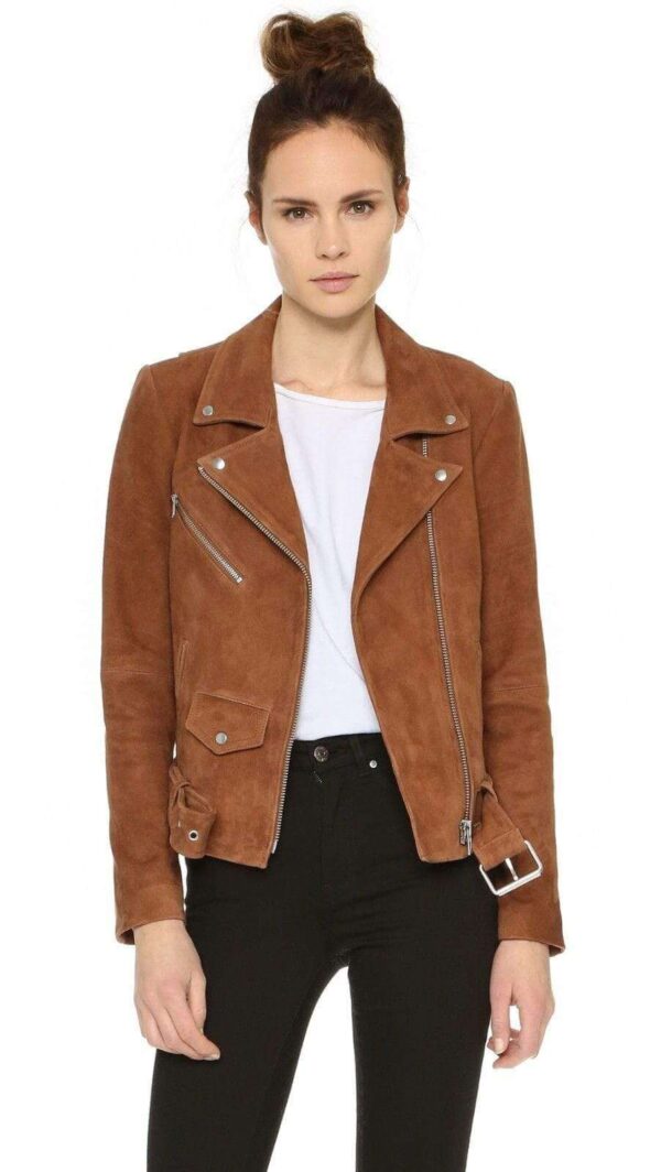 Women's Brown Suede Leather Jacket Slim Fit Motorcycle Jacket - leathersguru