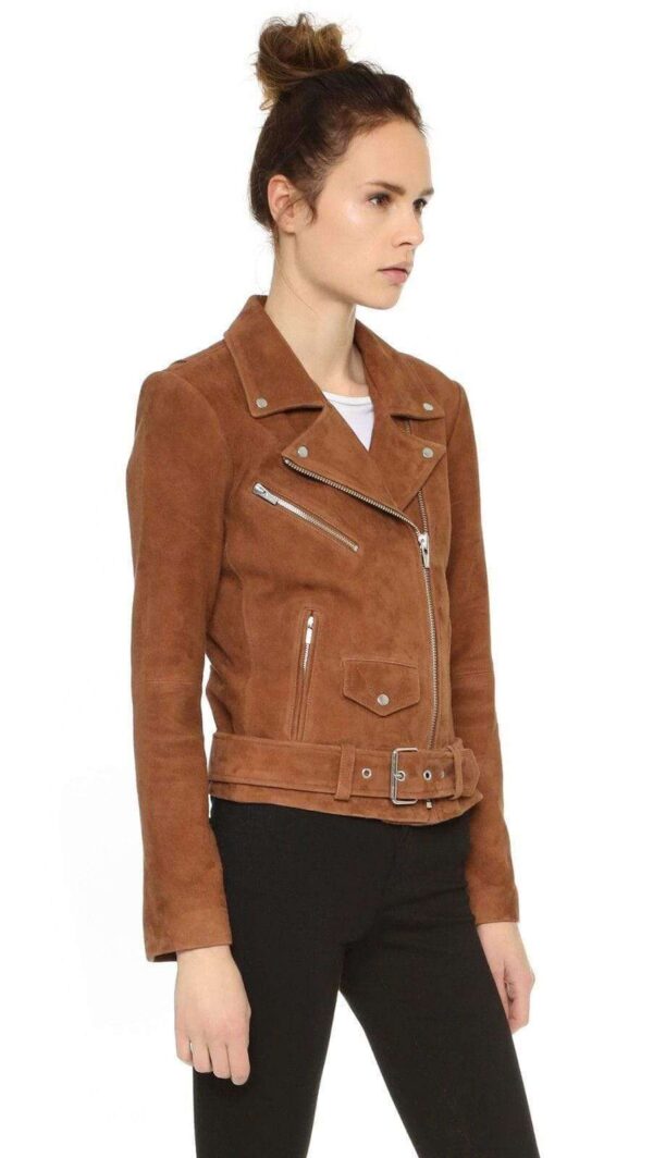 Women's Brown Suede Leather Jacket Slim Fit Motorcycle Jacket - leathersguru