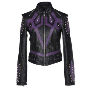 Women's Burnished Two Tone Black Purple Leather Silver Small Studs Jacket - leathersguru