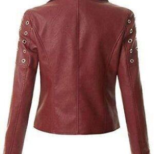 Women's Leather Maroon Zip Up Moto Biker Jacket Pocket Biker Jacket - leathersguru