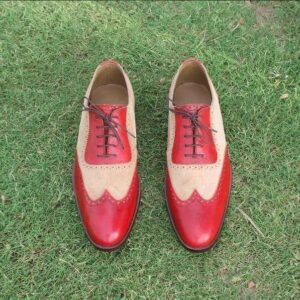 Suede Leather Lace Up Casual Shoes, Red Beige Wing Tip Shoes - leathersguru