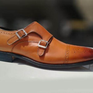 Handmade Men's Brown Leather Double Monk Strap Shoe - leathersguru