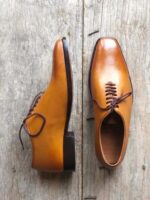 Handmade Men's Tan Leather Lace Up Derby Shoes - leathersguru