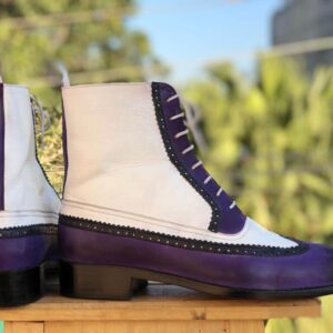 Men's Ankle White & Purple Wingtip Leather Boot - leathersguru