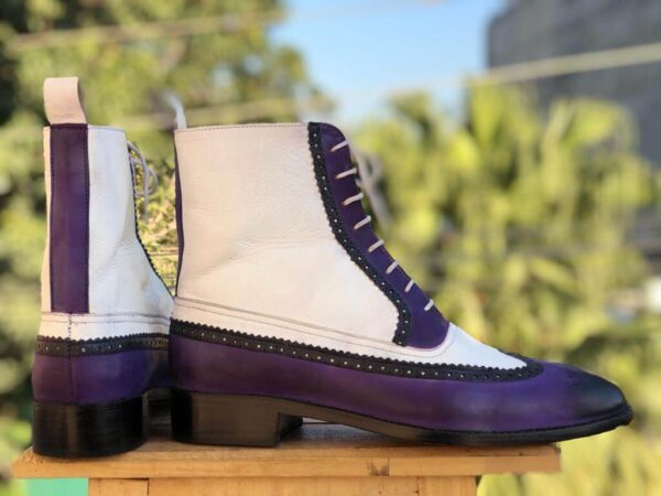 Men's Ankle White & Purple Wingtip Leather Boot - leathersguru