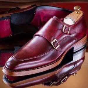 Handmade Men's Burgundy Leather Monk Strap Shoe - leathersguru